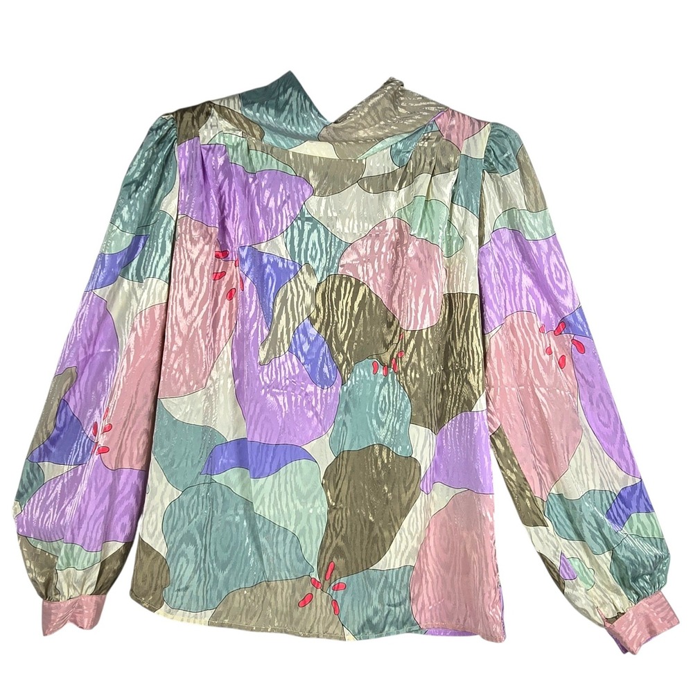 Eva Laurel New York Vintage Abstract Floral‎ Tie Neck Split Back Blouse Woman 12